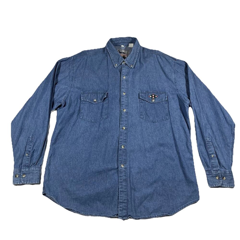 Vintage Red Lodge Denim Western Shirt Men’s 2XL Aztec Embroidered Button Up
